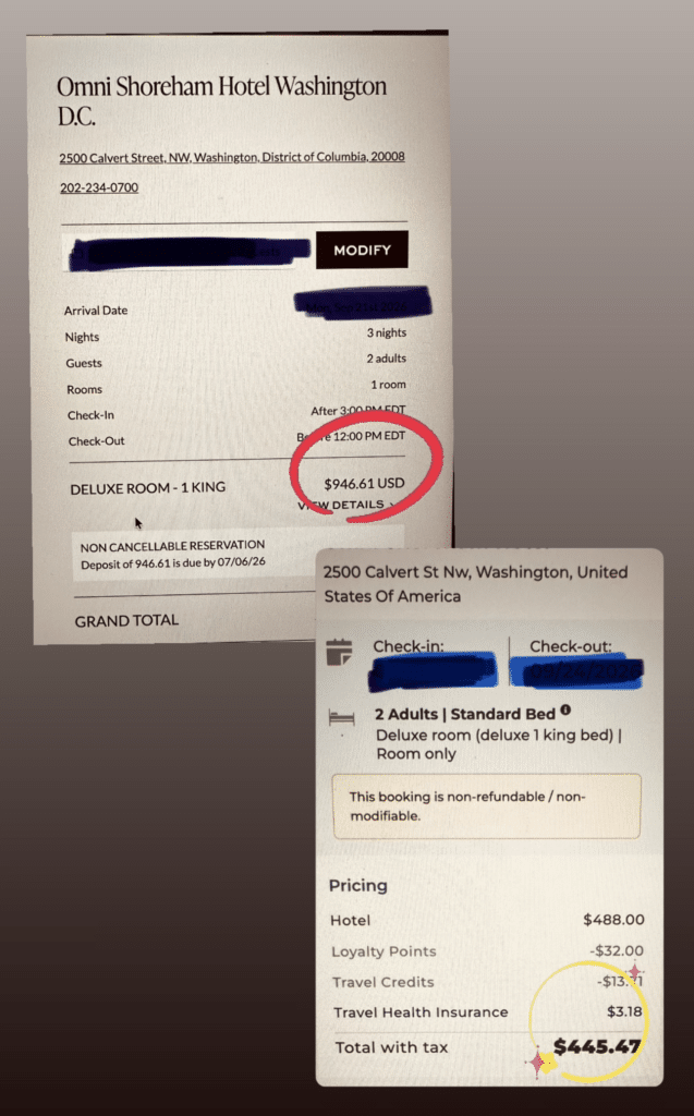 MWR Life review showing the same Washington DC hotel booked at retail versus the lower member price