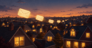 what to send your email list every week, glowing envelopes drifting over a dusk neighborhood of lit windows reaching quiet readers
