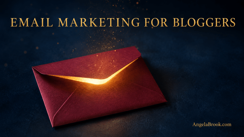A glowing burgundy envelope opening on a deep navy background, the featured image for email marketing for bloggers.