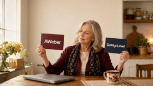 A woman over 50 at her laptop choosing an email tool for beginners, weighing a free option against a paid one.