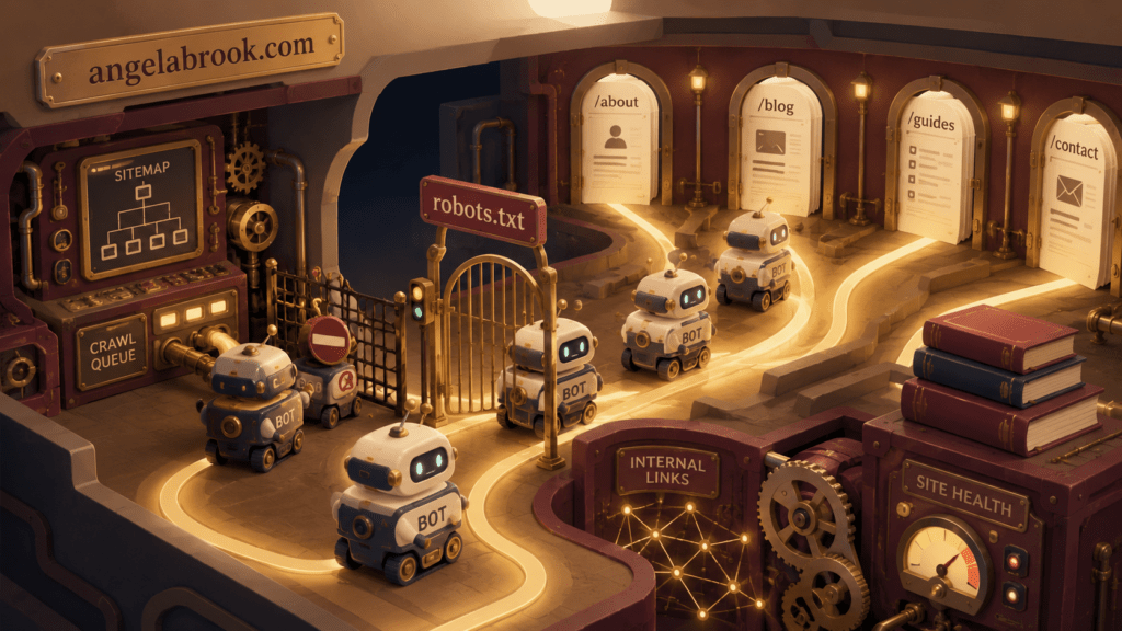 A cutaway illustration of crawler bots passing through a robots.txt gate into a blog, showing how a robots.txt file can end up blocking crawlers