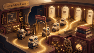 A cutaway illustration of crawler bots passing through a robots.txt gate into a blog, showing how a robots.txt file can end up blocking crawlers