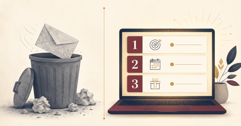 Split illustration of a discarded grey newsletter in a trash can beside a glowing screen showing a three-step lead magnet
