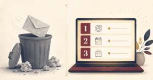 Split illustration of a discarded grey newsletter in a trash can beside a glowing screen showing a three-step lead magnet