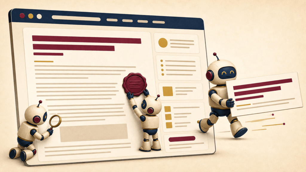 Building blog authority so AI cites you, robots reading a WordPress blog and carrying its answer out to other sites