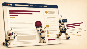 Building blog authority so AI cites you, robots reading a WordPress blog and carrying its answer out to other sites