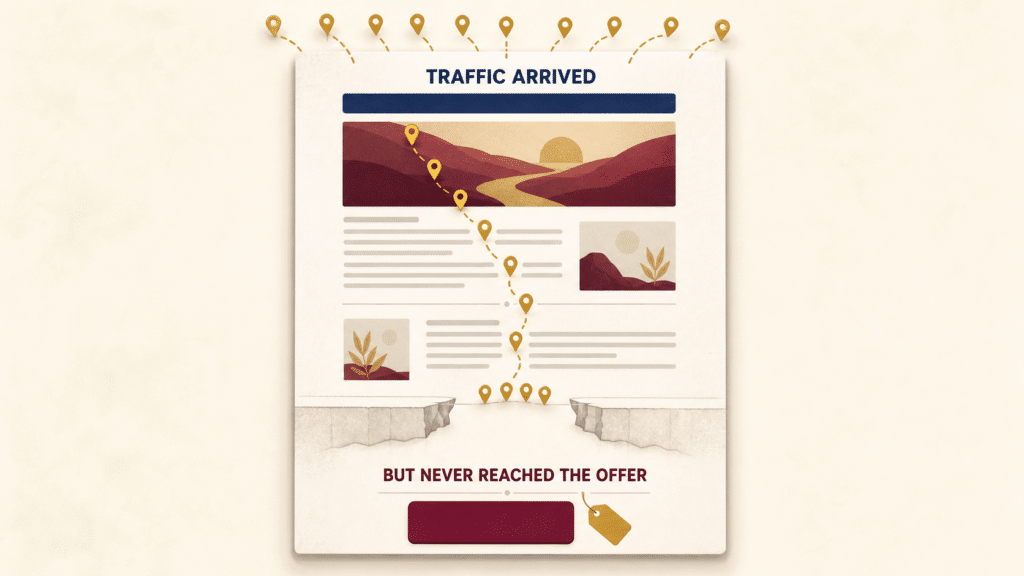 A blog page with steady blog traffic but no sales, showing the point where a reader leaves before she reaches anything she could buy