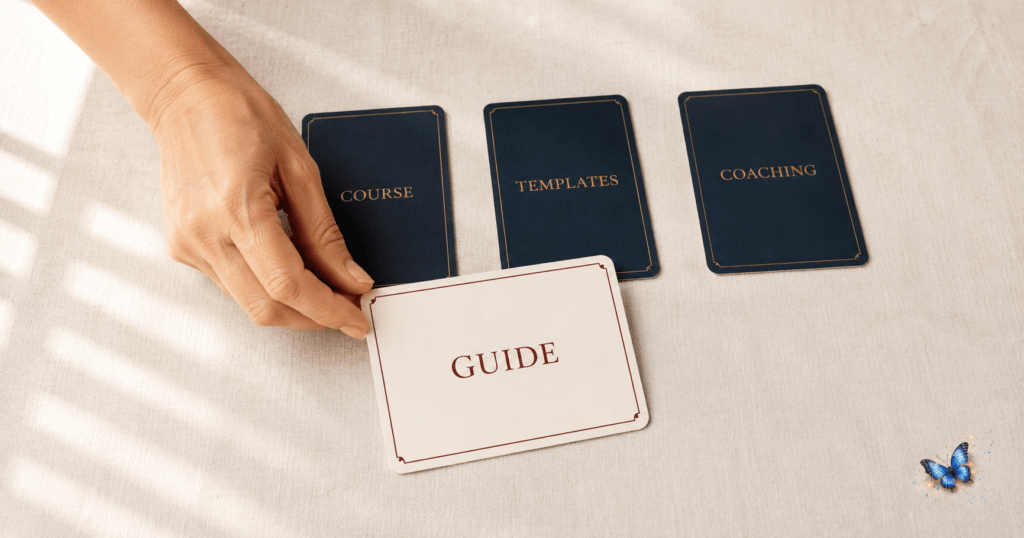 Four idea cards on a table with one turned face up, showing how to decide what to sell on your blog first