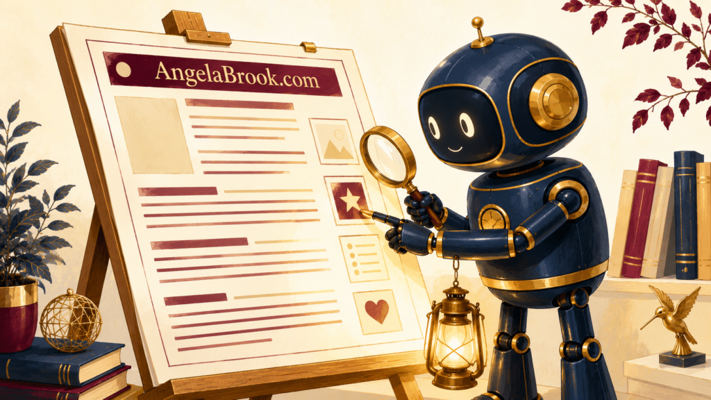 A robot assistant examining a blog page with a magnifying glass and lantern, checking whether the blog is visible to AI