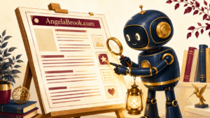 A robot assistant examining a blog page with a magnifying glass and lantern, checking whether the blog is visible to AI