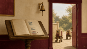 An open visitor log by a doorway with one arrival circled and two crawler bots approaching, showing how to tell if AI is citing your blog