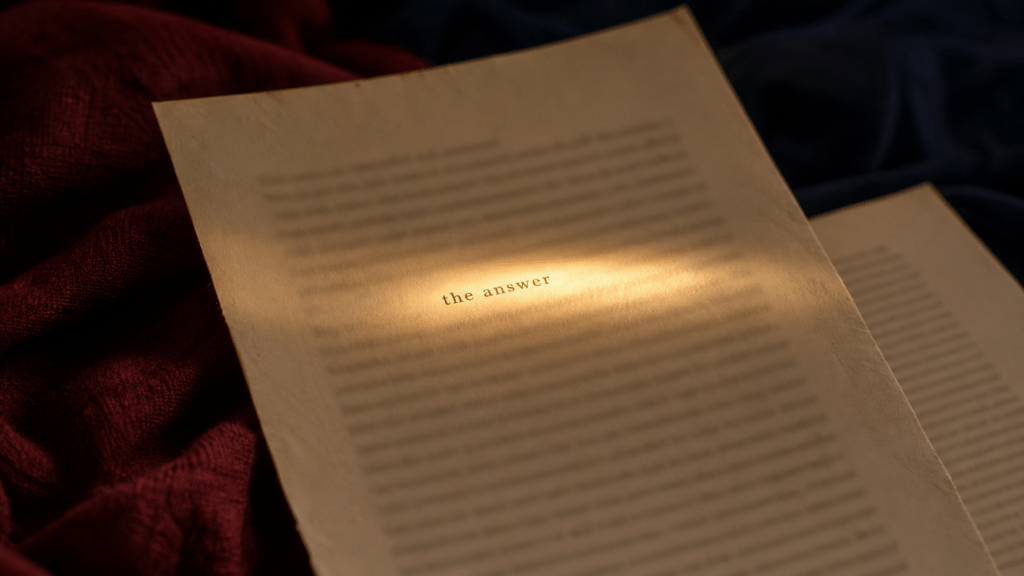 AI readability shown as a beam of light lighting up one clear answer line on a page while the dense text around it stays dark