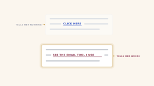 Two versions of the same link, one reading click here and one reading see the email tool I use, showing how salesy affiliate links differ from links that say where they go