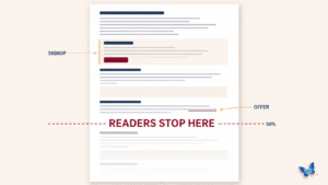 A signup form sitting near the top of a blog post while readers drop away further down, showing email signup placement on a page