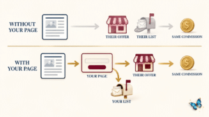 A single opt-in page standing between a blog post and two outgoing offers, showing how to sell your own digital product without giving away the lead