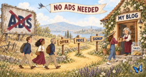 Cartoon showing how to monetize a blog without ads, with readers walking past a crossed out ads billboard toward a small blog shop making sales
