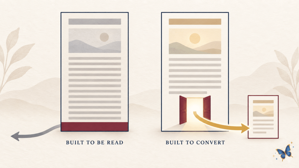 Two versions of the same blog post side by side, one built to be read and one built as a blog post that converts