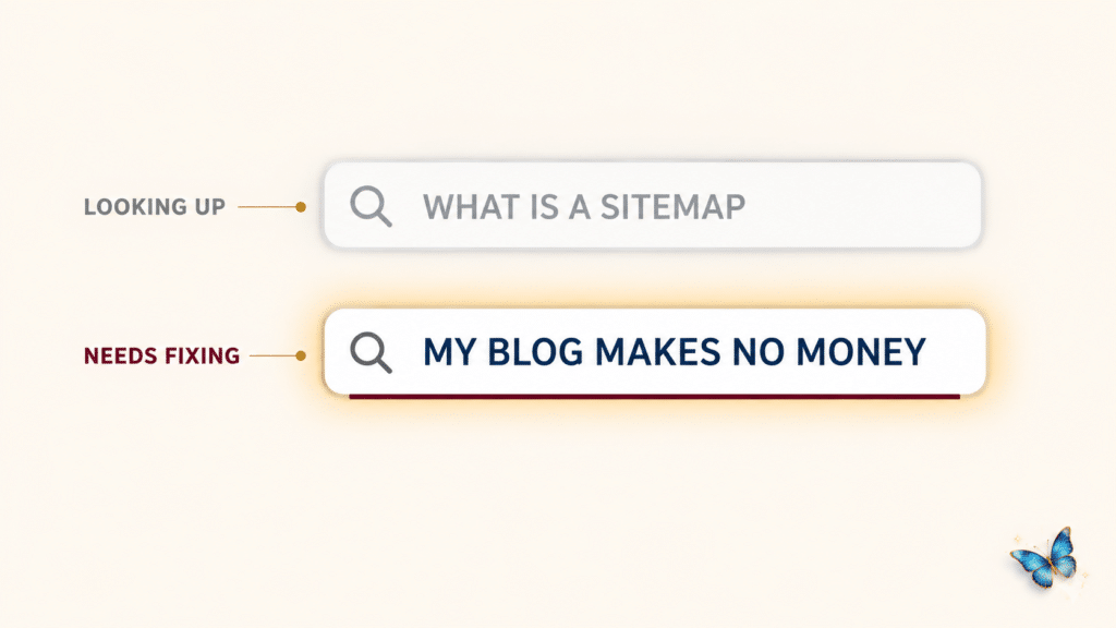 Two search bars side by side, one asking what a sitemap is and one saying my blog makes no money, showing which are keywords that convert
