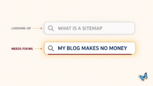Two search bars side by side, one asking what a sitemap is and one saying my blog makes no money, showing which are keywords that convert