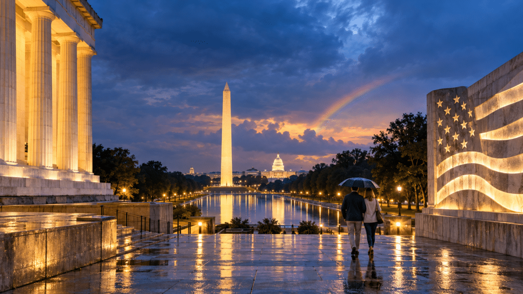Illustration of the view from the Lincoln Memorial after the rain in Washington DC, looking down the reflecting pool to the Washington Monument and the Capitol under a rainbow, with a couple walking under one umbrella, for a post on getting a Capitol tour through your senator.