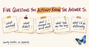 Blogging without being an expert starts with five questions you already know the answer to, written on five pinned notes