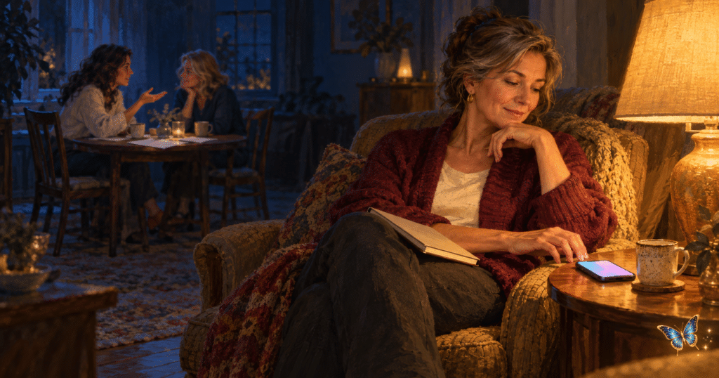 Get recommended by ChatGPT, a woman alone with her phone lighting up while two women in the next room talk about her