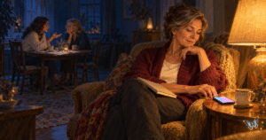 Get recommended by ChatGPT, a woman alone with her phone lighting up while two women in the next room talk about her