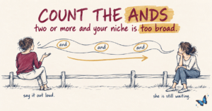 Count the ands test for a niche too broad, two women on a fence with three ands circled in a long speech ribbon