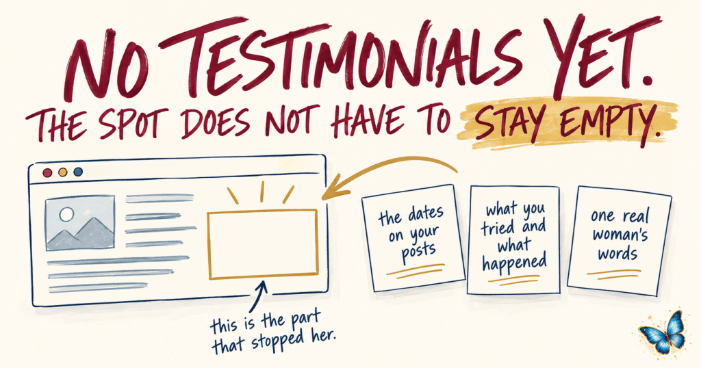 No testimonials yet, shown as an empty gold box on a web page with three cards waiting to fill it