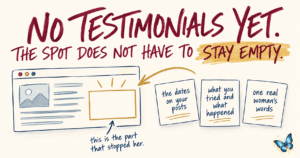 No testimonials yet, shown as an empty gold box on a web page with three cards waiting to fill it