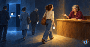 Will AI replace bloggers, illustrated as a reader taking a free answer from a machine and walking to a woman who can explain it